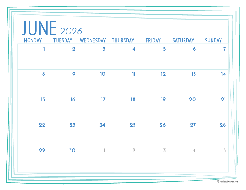 Printable June 2026 calendar with a simple blue frame outline.