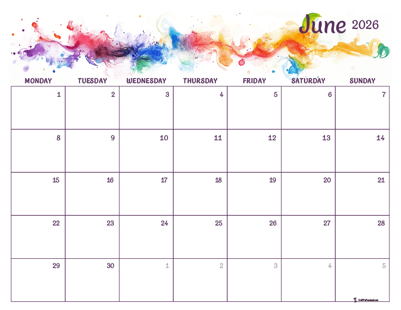 Printable June 2026 calendar, rainbow-colored abstract watercolor design