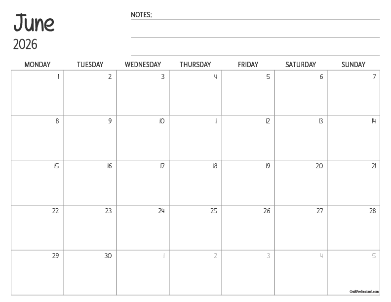 Printable June calendar with a simple, minimalist design and space for notes. Printable June calendar with a simple, minimalist design and space for notes.