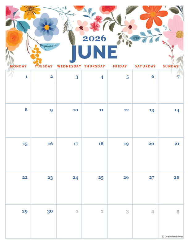 2026 June printable calendar, vertical orientation, floral folk art style, 2026 June printable calendar, vertical orientation, floral folk art style,