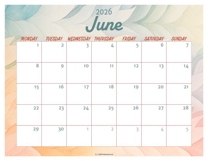 Printable June 2026 calendar with watercolor design. Printable June 2026 calendar with watercolor design.