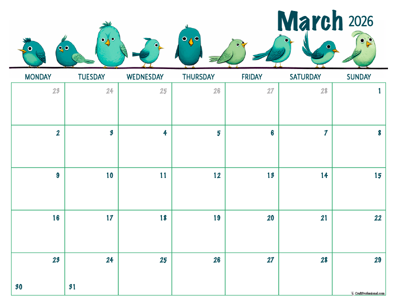 Printable March 2026 calendar with birds design.