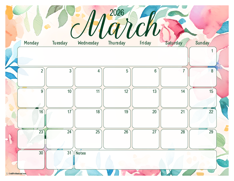 2026 March printable calendar, floral design, Monday start.