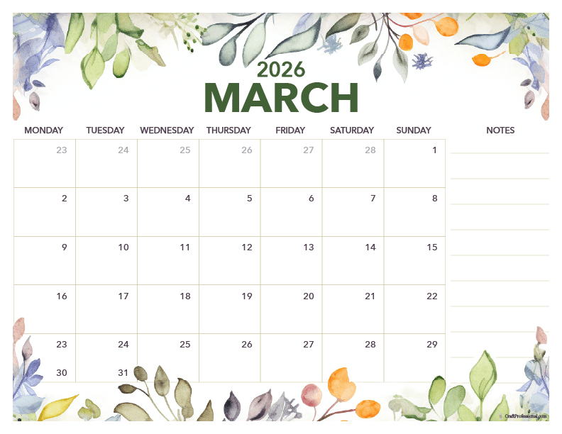 March 2026 floral calendar with space for notes.