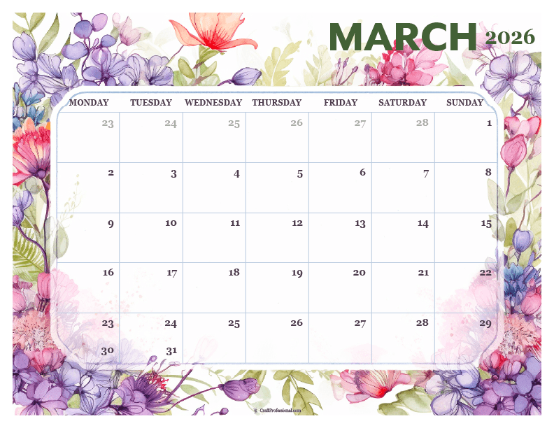 Printable March 2026 calendar with detailed floral design.
