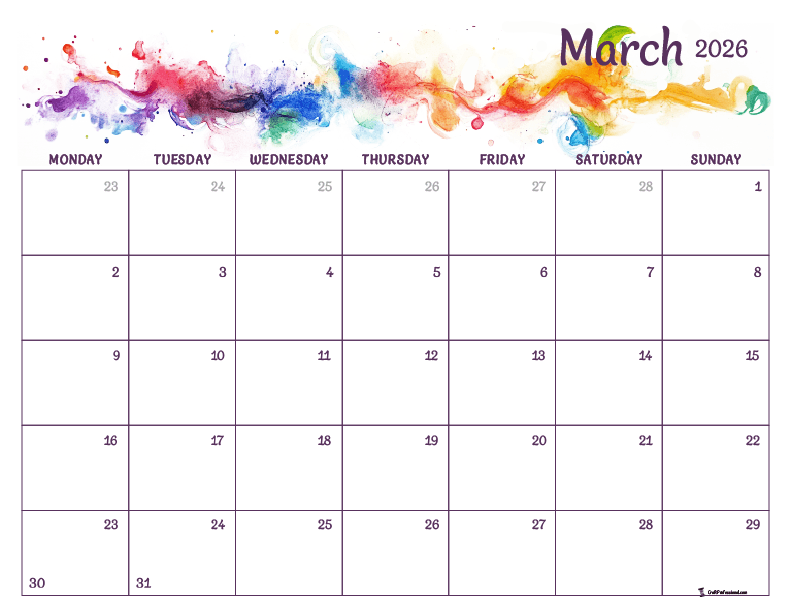Printable March 2026 calendar, rainbow-colored abstract watercolor design