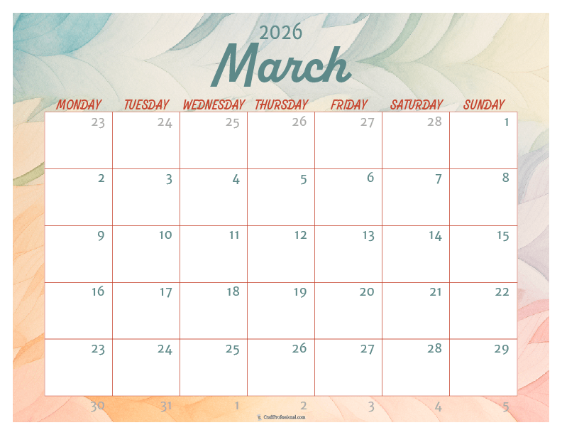 Printable March 2026 calendar with watercolor design.
