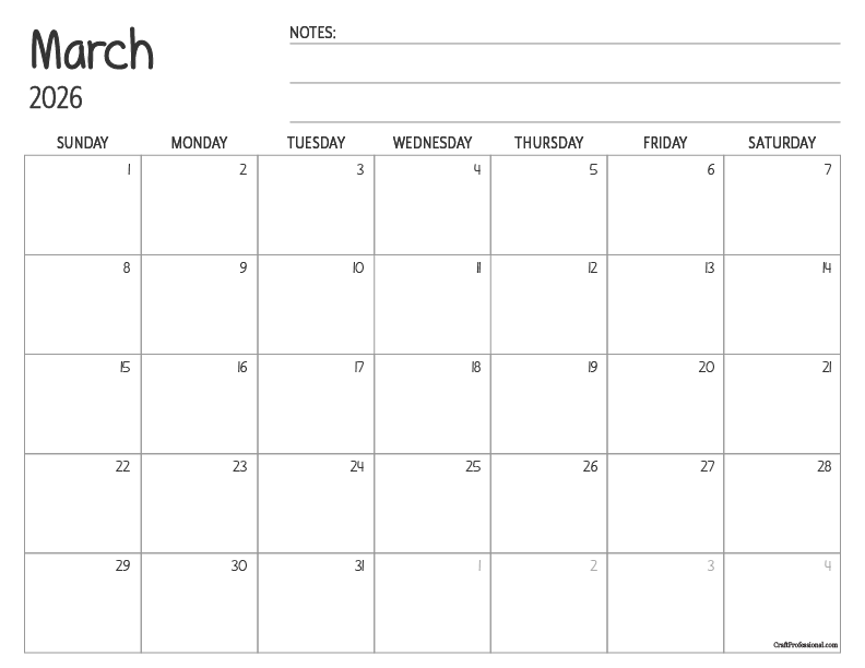 Simple design printable calendar for March 2026