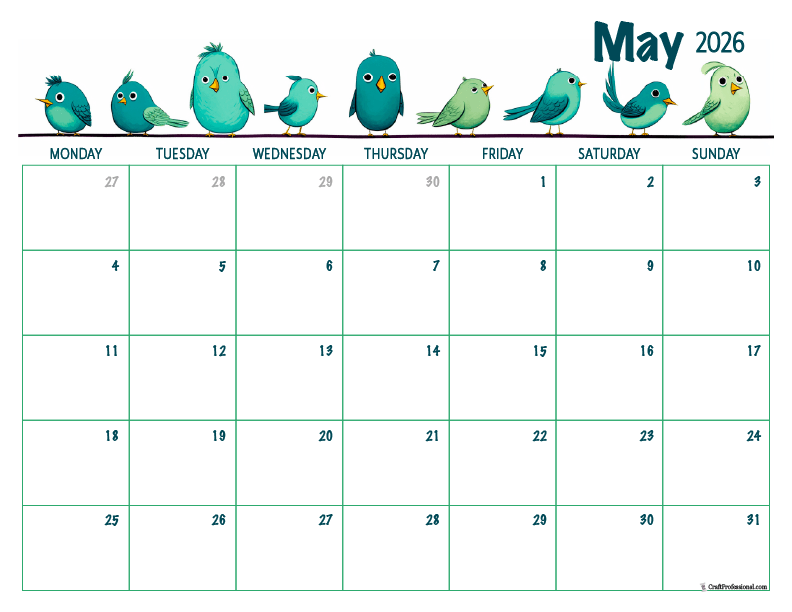 Printable May 2026 calendar with birds design.