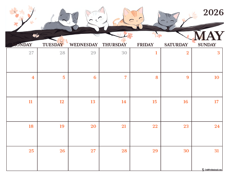 Printable May coloring page with spring cats design.