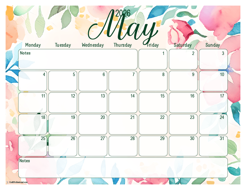 2026 May printable calendar, floral design, Monday start.