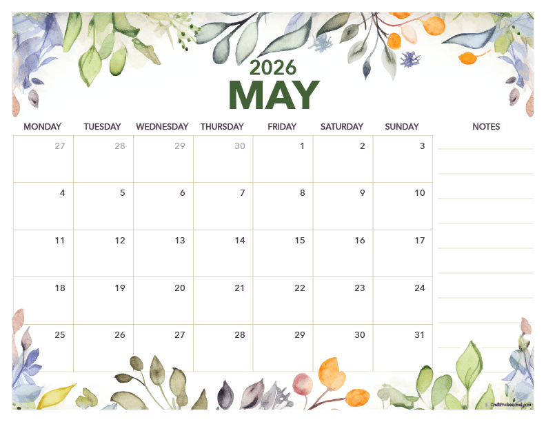 May 2026 floral calendar with space for notes.