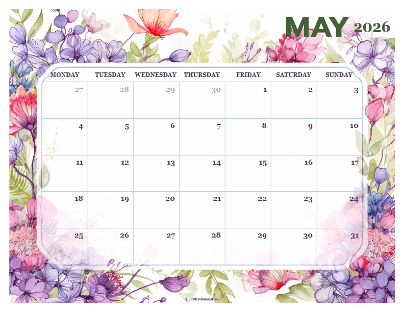 Printable May 2026 calendar with detailed floral design.