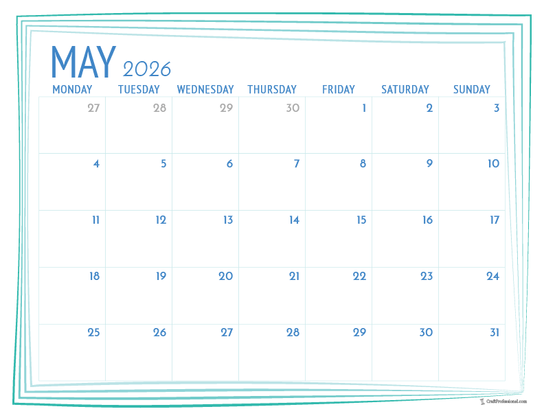 Printable May 2026 calendar with a simple blue frame outline.