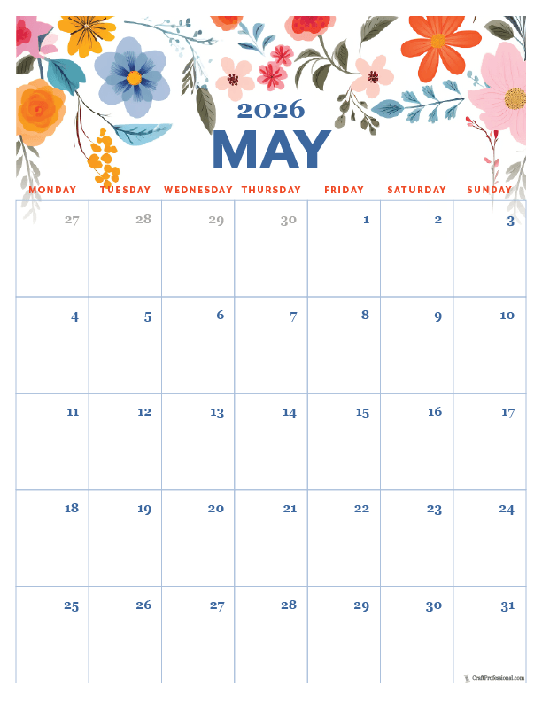 2026 May printable calendar, vertical orientation, floral folk art style,