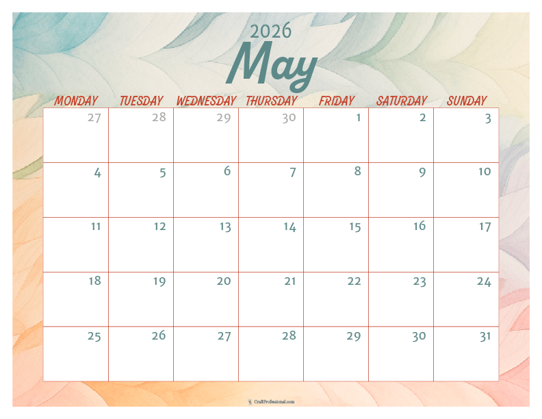 Printable May 2026 calendar with watercolor design.