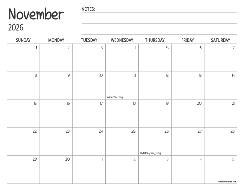 Simple printable calendar for November 2026, with holidays.