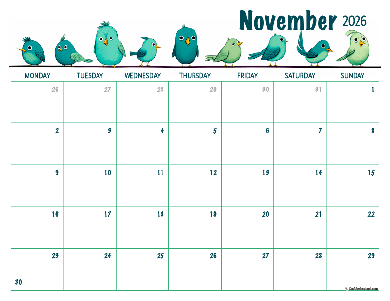 Printable November 2026 calendar with birds design. Printable November 2026 calendar with birds design.