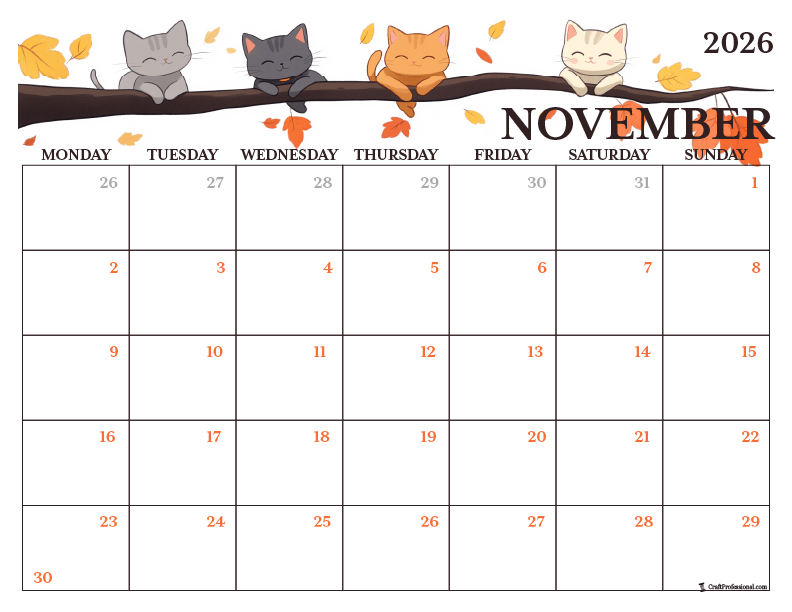 Printable November coloring page with autumn cats design. Printable November coloring page with autumn cats design.