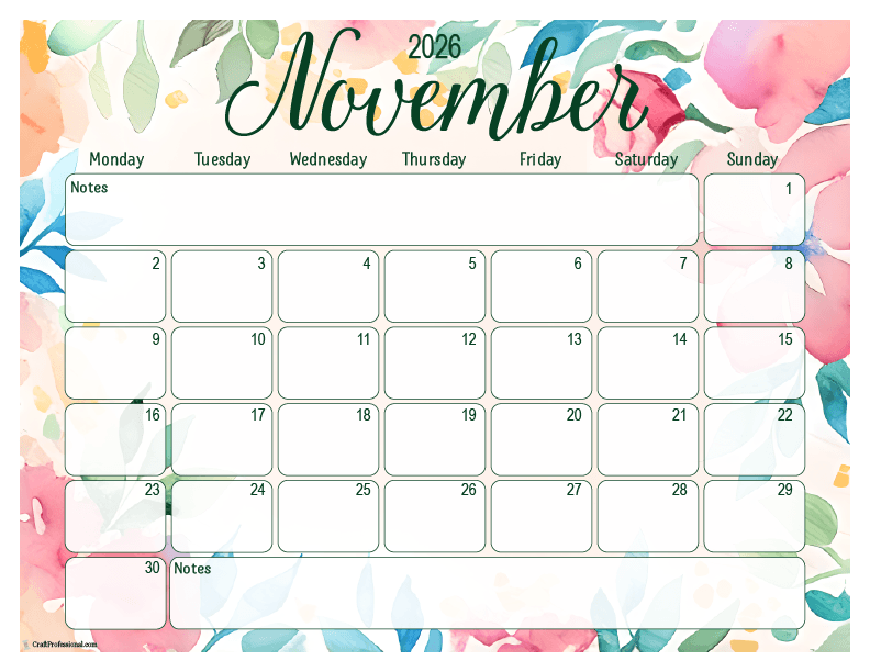 2026 November printable calendar, floral design, Monday start.