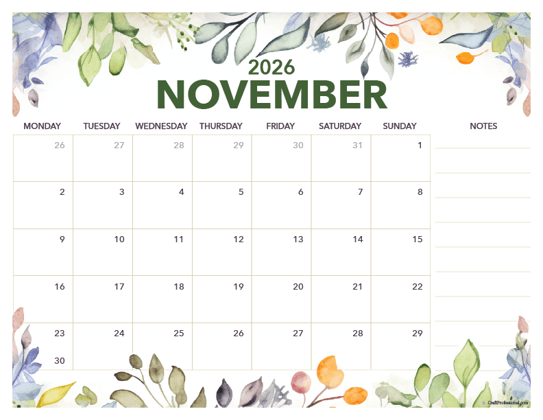 November 2026 floral calendar with space for notes. November 2026 floral calendar with space for notes.
