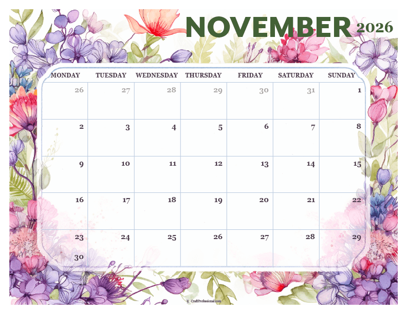 Printable November 2026 calendar with detailed floral design.