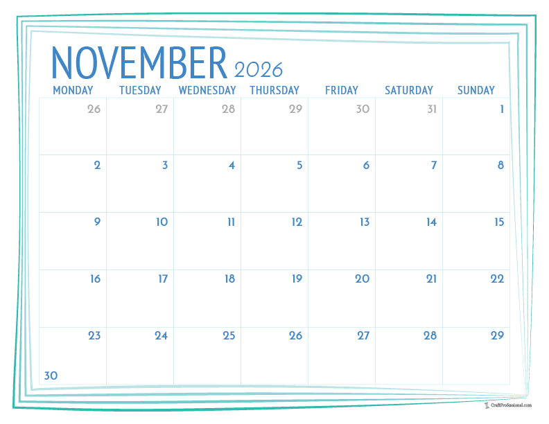 Printable November calendar with simple, minimalist design and space for notes. Printable November calendar with simple, minimalist design and space for notes.