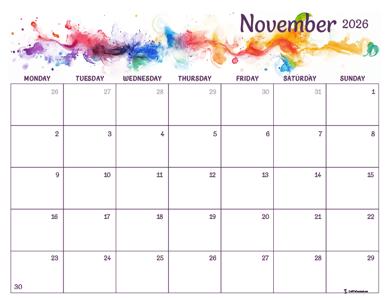 Printable November 2026 calendar, rainbow-colored abstract watercolor design Printable November 2026 calendar, rainbow-colored abstract watercolor design