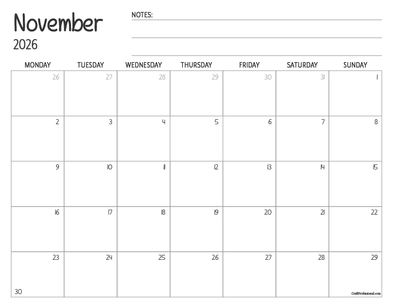 Printable November calendar with simple, minimalist design and space for notes. Printable November calendar with simple, minimalist design and space for notes.