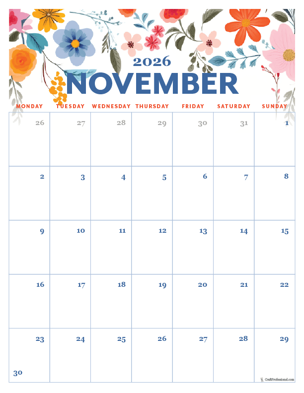 2026 November printable calendar, vertical orientation, floral folk art style, 2026 November printable calendar, vertical orientation, floral folk art style,