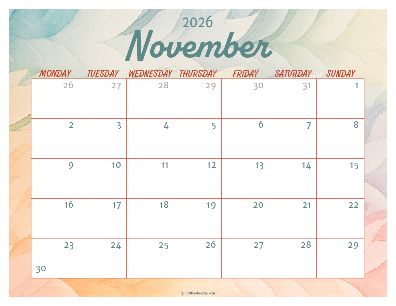 Printable November 2026 calendar with watercolor design. Printable November 2026 calendar with watercolor design.
