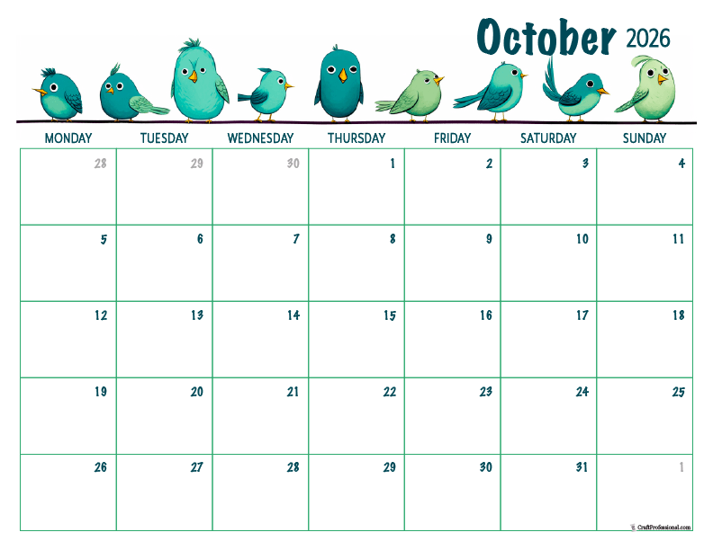Printable October 2026 calendar with birds design.