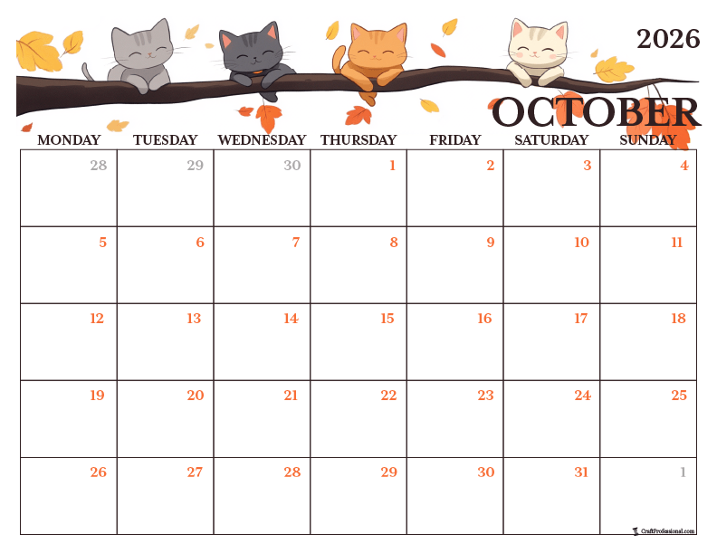 Printable October coloring page with fall cats design.