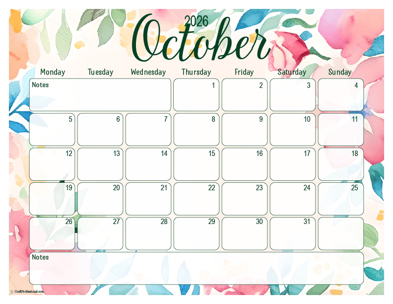2026 October printable calendar, floral design, Monday start.