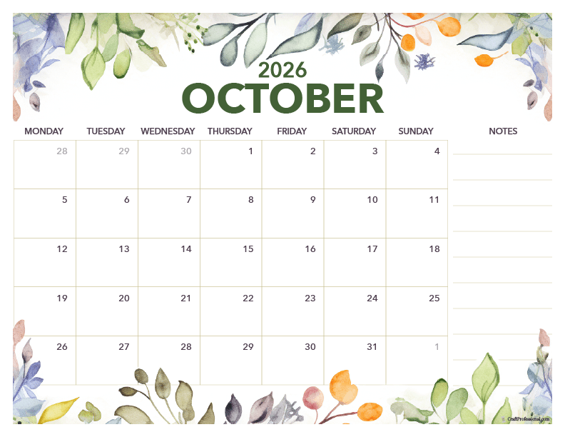 October 2026 floral calendar with space for notes.
