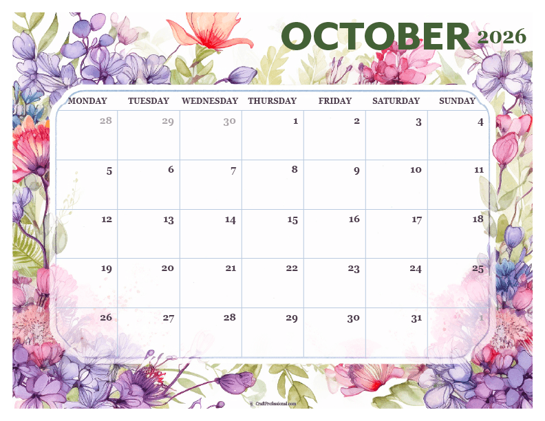 Printable October 2026 calendar with detailed floral design.