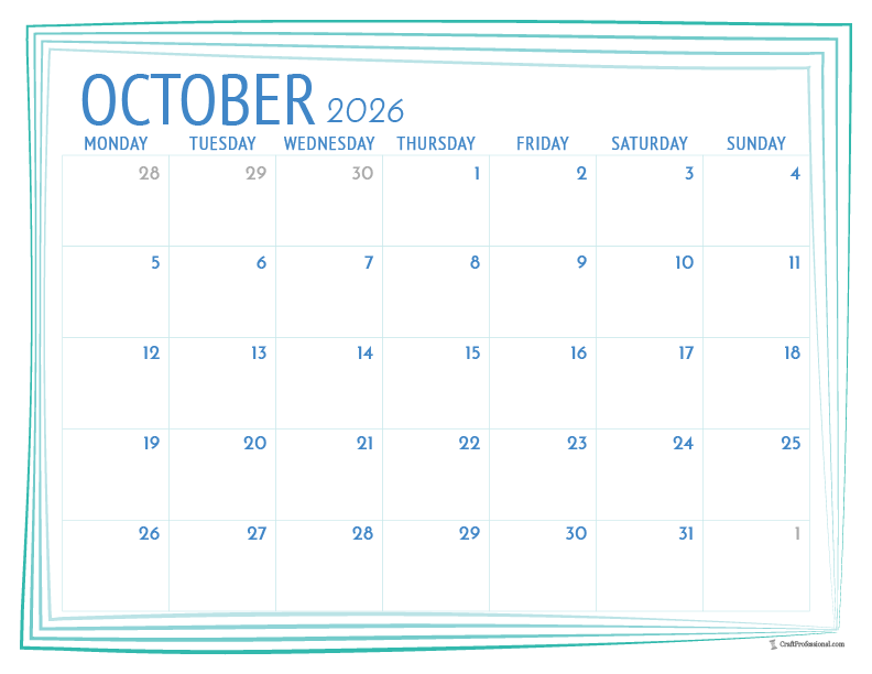 Printable October 2026 calendar with simple blue frame outline.