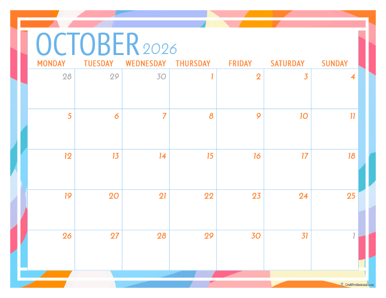 October 2026 printable calendar with geometric frame design.