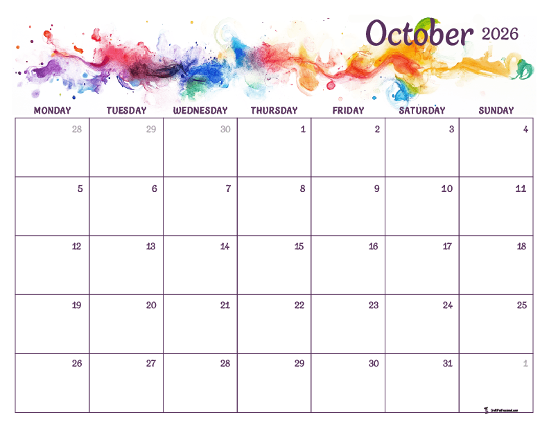 Printable October 2026 calendar, rainbow-colored abstract watercolor design