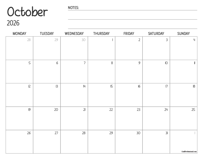 Printable October calendar with simple, minimalist design and space for notes.