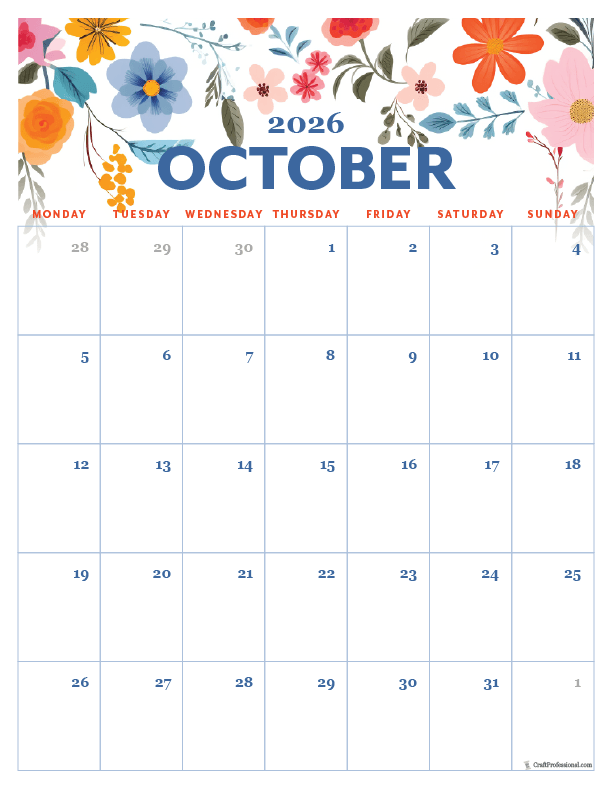2026 October printable calendar, vertical orientation, floral folk art style,