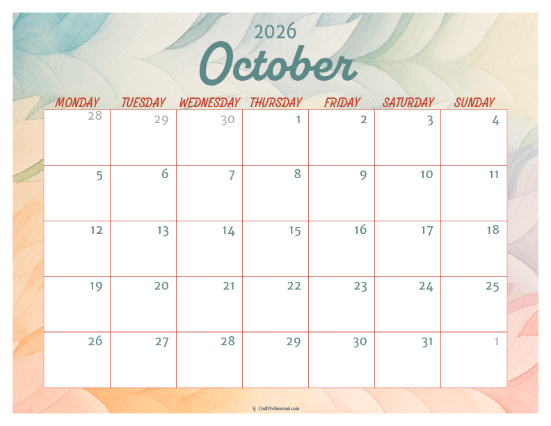 Printable October 2026 calendar with watercolor design.