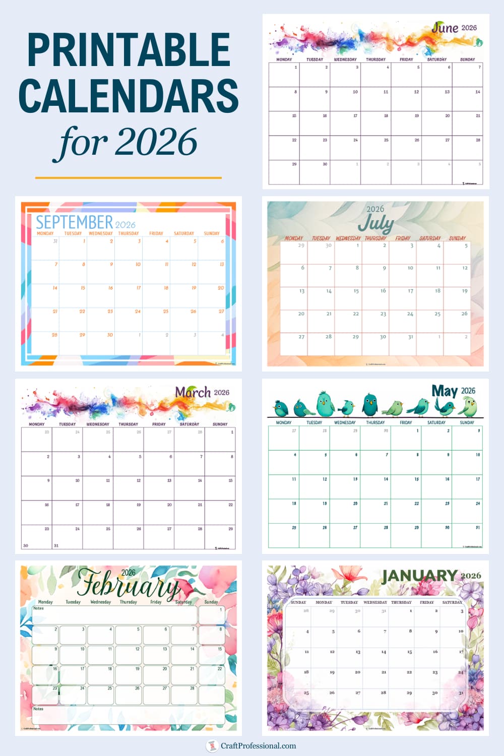 Printable Calendars for 2026 text on a collage of 2026 printable calendar pages in different styles and layouts, promoting free downloadable calendar printables