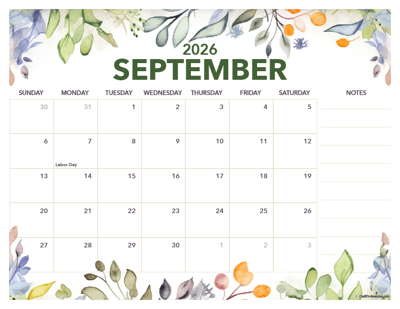 Floral with notes printable calendar for September 20256 with holidays.