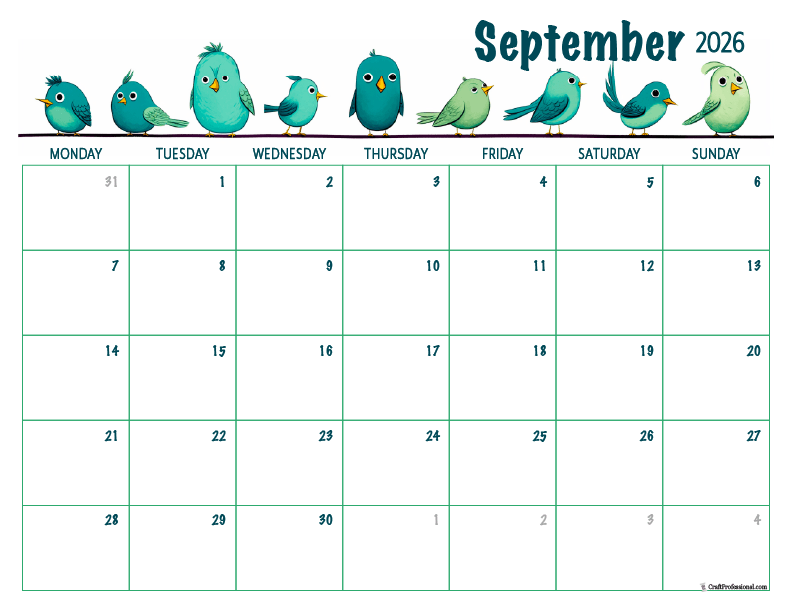 Printable September 2026 calendar with birds design. Printable September 2026 calendar with birds design.