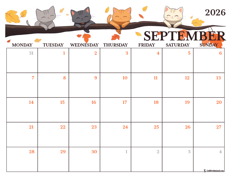 Printable September coloring page with autumn cats design. Printable September coloring page with autumn cats design.