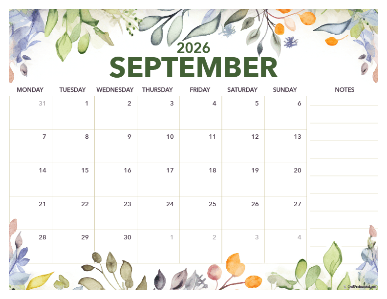 September 2026 floral calendar with space for notes. September 2026 floral calendar with space for notes.