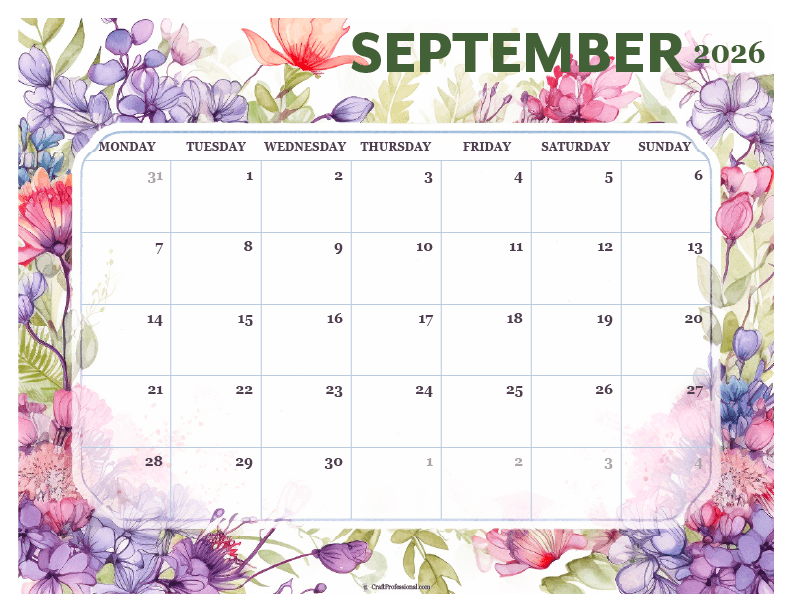 Printable September 2026 calendar with detailed floral design. Printable September 2026 calendar with detailed floral design.