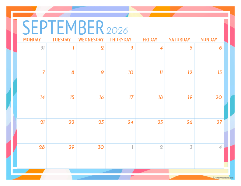 September 2026 printable calendar with geometric frame design.