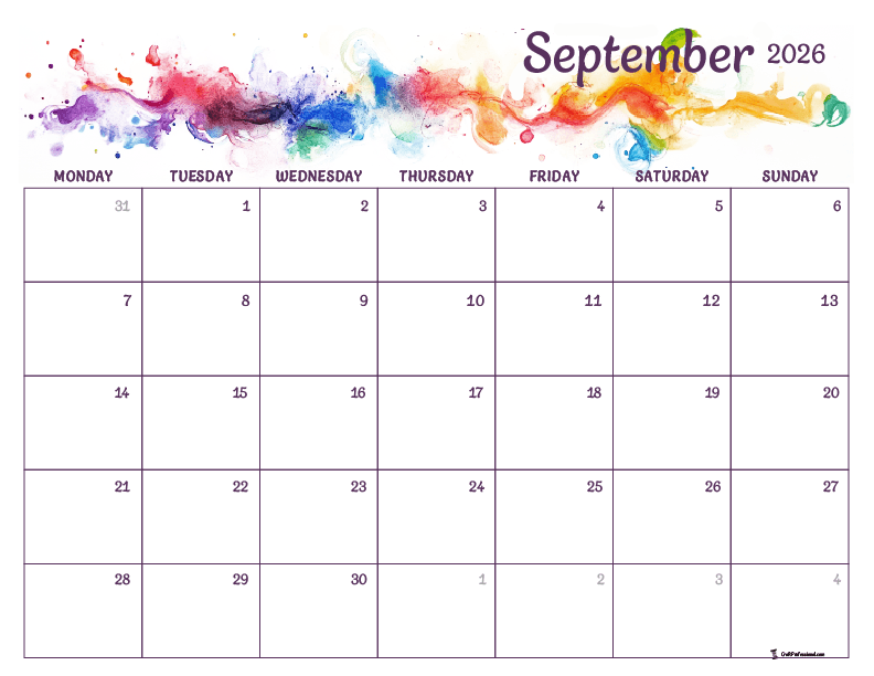 Printable September 2026 calendar, rainbow-colored abstract watercolor design Printable September 2026 calendar, rainbow-colored abstract watercolor design